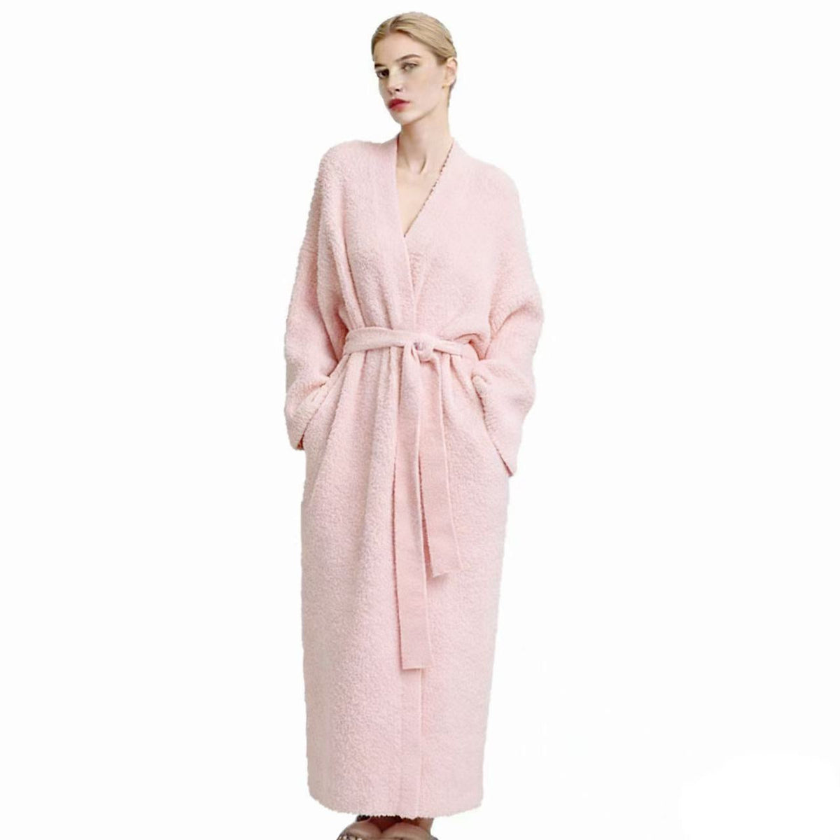 Front view of the long robe in Blush with tied waist belt