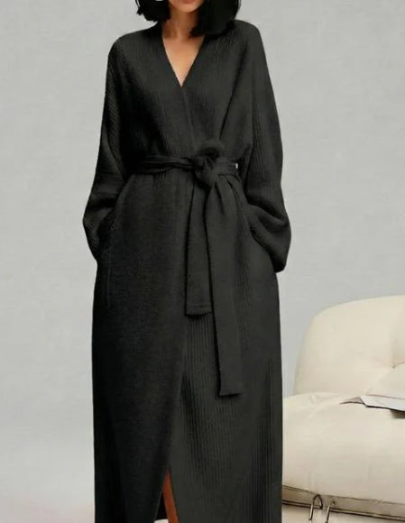 Long robe in Onyx tied at the waist, front view