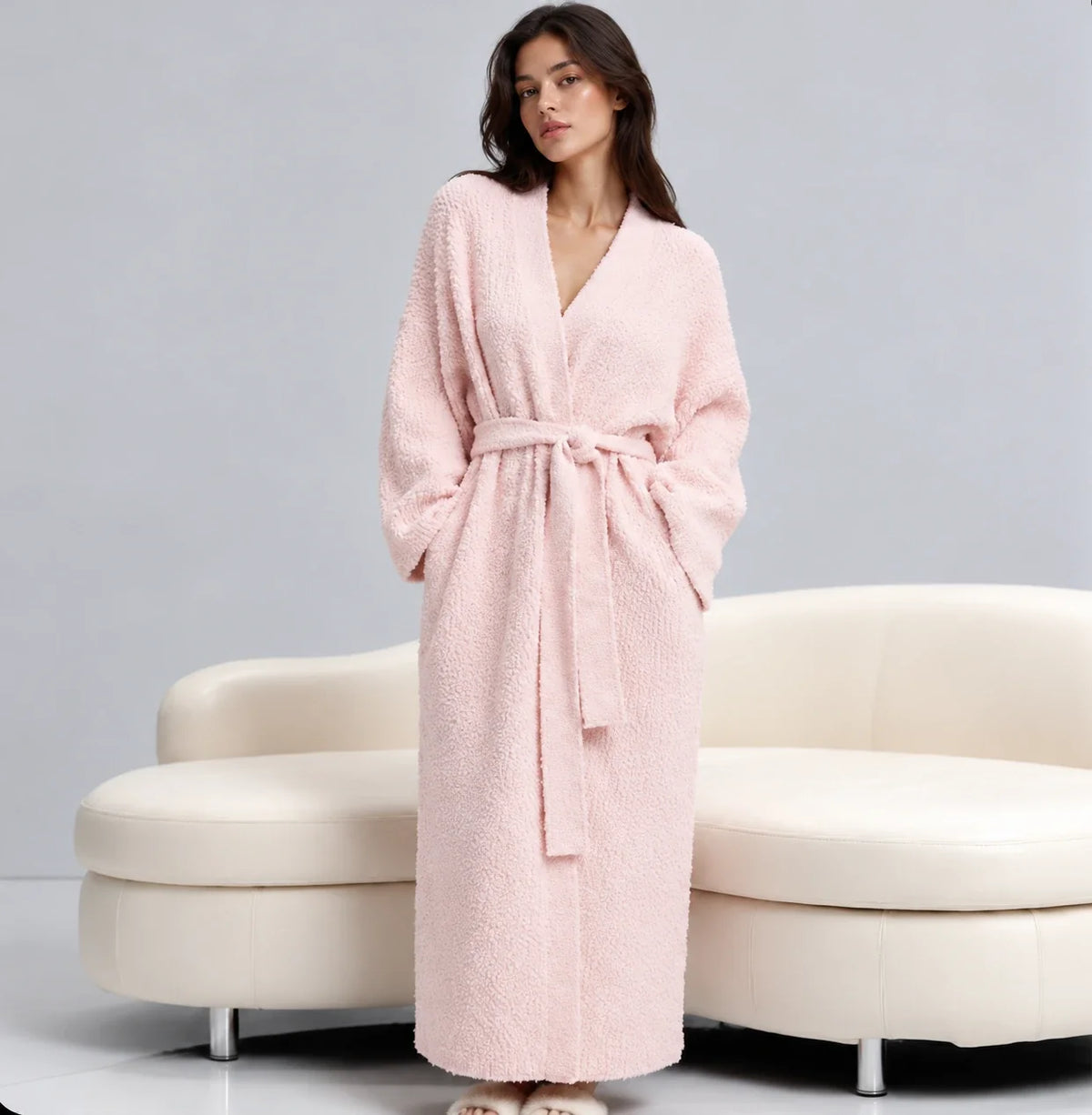 Front view of the long robe in Blush, belted at the waist