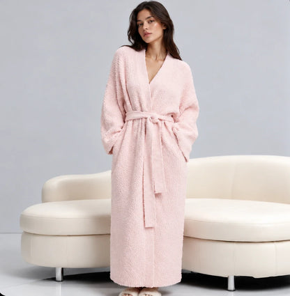 Front view of the long robe in Blush, belted at the waist