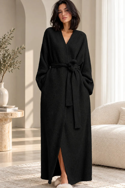 Front view of the long robe in Onyx, belted at the waist