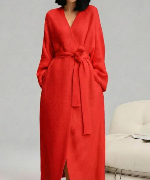 Long robe in Scarlet tied at the waist, front view